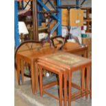 TEAK COFFEE TABLE WITH UNDER TABLES, 2 WINE TABLES, MAHOGANY FRAMED WALL MIRROR & NEST OF TEAK