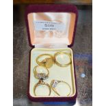 4 VARIOUS 9 CARAT GOLD DRESS RINGS - APPROXIMATE WEIGHT = 12 GRAMS & FOREIGN GOLD RING - APPROXIMATE