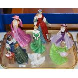 TRAY WITH VARIOUS FIGURINE ORNAMENTS, ROYAL DOULTON, COALPORT ETC