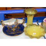 2 PIECES OF SCOTTISH COLOURED GLASS WARE, 2 PIECES OF CARLTON WARE & BIRD DECANTER
