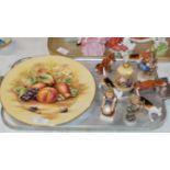 TRAY WITH AYNSLEY ORCHARD GOLD PLATE & TABLE BELL, VARIOUS BESWICK ANIMALS, HUMMEL FIGURINES ETC