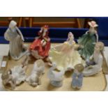TRAY WITH VARIOUS FIGURINE ORNAMENTS, ROYAL DOULTON & NAO