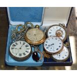 GOLD MOUNTED REVOLVING FOB, 5 VARIOUS POCKET WATCHES, WATCH CHAINS ETC