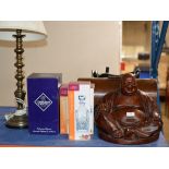 LARGE DECORATIVE BUDDHA DISPLAY, TABLE LAMP & ASSORTED BOXED CRYSTAL WARE