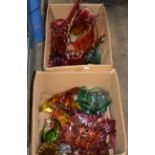 2 BOXES WITH ASSORTED COLOURED GLASS WARE