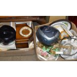 2 BOXES WITH GENERAL CERAMICS, MALING POTTERY, OAK FINISHED MANTLE CLOCK, DISPLAY PLATES ETC