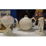 BELLEEK LIDDED TEAPOT, BELLEEK LIDDED VASE & BELLEEK FIGURINE POSY HOLDER