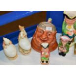 4 VARIOUS CHARACTER JUGS & PAIR OF DECORATIVE POSY VASES