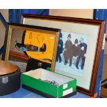 3 FRAMED PICTURES & BOX WITH ASSORTED BADGES, HANDCUFFS, WHISTLE ETC