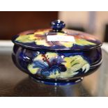 6" DIAMETER MOORCROFT POTTERY LIDDED BOWL WITH ORIGINAL PAPER LABEL ON BASE