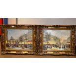 PAIR OF 11¼" X 15¼" GILT FRAMED OIL PAINTINGS ON BOARDS - FRENCH STREET SCENES, BY JEAN BLEU