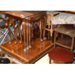 MAHOGANY COFFEE TABLE, NEST OF 3 TEA TABLES, STRING TOP STOOL, PADDED STOOL, VINTAGE SEWING MACHINE,