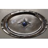 14¼" X 8¼" ORNATE ARTS & CRAFTS WHITE METAL TRAY WITH ENAMELLED BLUE BELL DESIGN, POSSIBLY GLASGOW