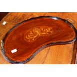 EDWARDIAN INLAID MAHOGANY KIDNEY BEAN SHAPED SERVING TRAY WITH BRASS HANDLES
