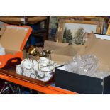 VARIOUS SMALL BOXES WITH ASSORTED TEA WARE, INDIAN BRASS VASES, CRYSTAL WARE ETC