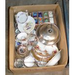 BOX WITH VARIOUS TEA WARE, ROYAL ALBERT AUTUMN ROSES, LIDDED CHEESE DISH, STORAGE BOX, CANDLE