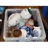 BOX WITH MIXED CERAMICS & GLASS WARE, SELKIRK GLASS PAPERWEIGHTS, DENBY WARE, LUSTRE VASE, COPPER