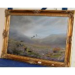 19½" X 29½" FRAMED OIL ON CANVAS - SHOOTING / HUNTING SCENE BY R. TYRIE