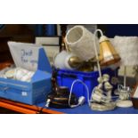 VARIOUS LAMPS & 2 BOXES CONTAINING TEA WARE, LIGHT FITTINGS, DECORATIVE VASE, COSTUME BRACELETS ETC