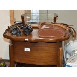 FLIP TOP SEWING TABLE, CASED PAIR OF MILITARY BINOCULARS & ART DECO STYLE TROUGH