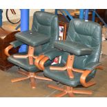 PAIR OF GREEN LEATHER EASY CHAIRS WITH MATCHING FOOT STOOLS