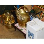 3 VARIOUS BRASS JELLY PANS, PADDED STOOL, ASSORTED FIRESIDE ITEMS, DECORATIVE GLASS VASE ETC
