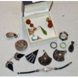 ASSORTED COSTUME JEWELLERY, ART DECO STYLE COCKTAIL WATCH, JADE BANDS, VARIOUS EARRINGS, SILVER &