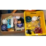 2 BOXES WITH VARIOUS OLD TINS, EP CUTLERY, PUB WARE ETC