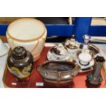 TRAY WITH CHINESE CLOISONNÉ LIDDED JAR, BRETBY POTTERY RUSKIN STYLE BOWL & SIMILAR VASE, DRESSING