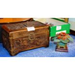 CHINESE WOODEN TRINKET BOX & CHINESE HARD STONE & BRASS PLANT DISPLAY ON WOODEN STAND