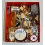 BOX WITH ASSORTED COSTUME JEWELLERY, POWDER COMPACT, PAPERWEIGHT ETC