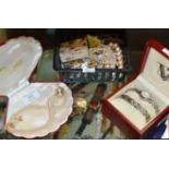 ASSORTED COSTUME JEWELLERY, FAUX PEARLS, BOXED WRIST WATCH ETC