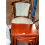 MAHOGANY FRAMED ARM CHAIR & NEST OF 3 MODERN TABLES