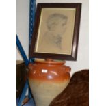 FRAMED PENCIL DRAWING - PORTRAIT OF A YOUNG BOY & LARGE CERAMIC LIDDED JAR