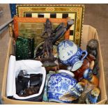 BOX WITH VARIOUS WOODEN & RESIN FIGURINE ORNAMENTS, DUCK ORNAMENT, CHESS BOARDS, OLYMPUS CAMERA &