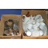 2 BOXES WITH ASSORTED EP WARE, VARIOUS TEA & DINNER WARE, CIRCULAR BAROMETER ETC