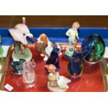 TRAY WITH FLAMINGO ORNAMENT, ROYAL WORCESTER FIGURE, ROYAL DOULTON DOG ORNAMENT, ASSORTED GLASS WARE