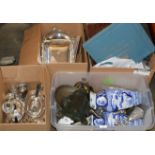 4 BOXES WITH QUANTITY EP WARE, MIXED CERAMICS, NOVELTY TABLE BELLS, BUTTER MOULDS ETC