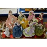 TRAY WITH VARIOUS FIGURINE ORNAMENTS, ROYAL DOULTON & COALPORT