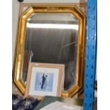 GILT FRAMED WALL MIRROR & 2 FRAMED PRINTS