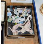 BOX WITH VARIOUS PORCELAIN HALF DOLLS, MINIATURE DOLLS ETC