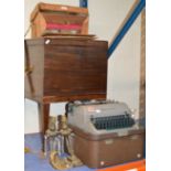 OLD VANITY BOX (DISTRESSED), MAHOGANY UNIT, VINTAGE TYPEWRITER & PAIR OF ORNATE WALL LIGHT