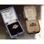 18 CARAT GOLD LADIES RING SET WITH BLUE STONES, WITH BOX & UNMARKED GOLD ART DECO STYLE DRESS RING