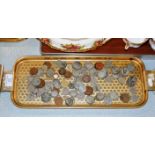 TRAY WITH ASSORTED COINAGE WITH SOME SILVER COINS