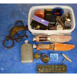 BOX WITH SMALL PADLOCKS, OLD MOULD, CORKSCREW, BAR BADGES, COINAGE, BOWIE STYLE POCKET KNIVES ETC