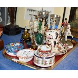 TRAY WITH GENERAL CERAMICS & GLASS WARE, LIDDED SCENT BOTTLE, VARIOUS SOLDIER FIGURINES, MASON'S