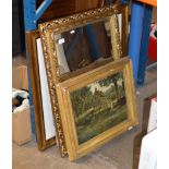 GILT FRAMED OIL ON BOARD - WOODLAND SCENE, WALL MIRROR & 2 OTHER PICTURES