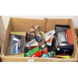 BOX WITH VARIOUS TOY / MODEL VEHICLES (SOME BOXED), VINTAGE TIN PLATE PLANE ETC