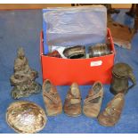 BOX CONTAINING OLD CAST METAL BUDDHA FIGURINE, SEASHELL DISPLAY, OLD CHILDS LEATHER SHOES, PEWTER