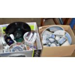 2 BOXES WITH GENERAL CERAMICS, QUANTITY HIGHLAND STONEWARE, LAZY SUSAN, ROYAL STANLEY FRUIT BOWL,